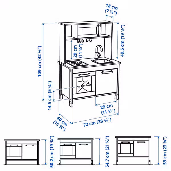 DUKTIG Детская кухня - береза 72x40x109 см - схема-чертеж с размерами