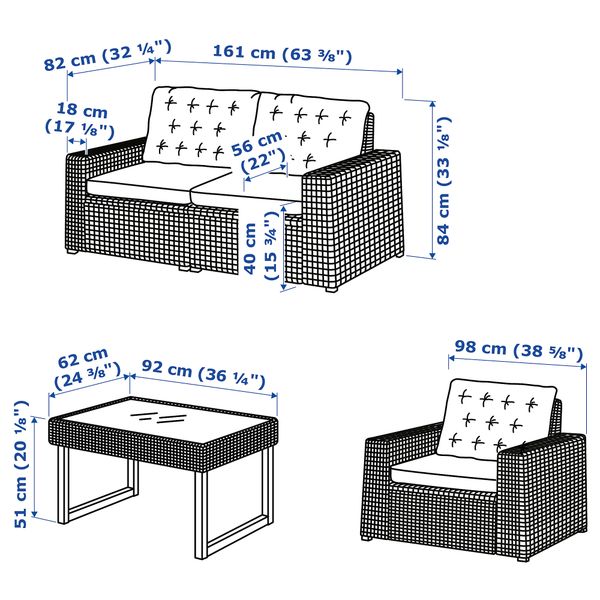 4-местный комплект садовой мебели, серый-коричневый IKEA SOLLERÖN СОЛЛЕРОН 793.032.97 - схема-чертеж с размерами