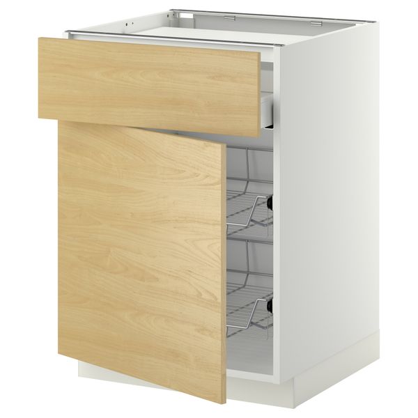 Напольный шкаф для варочной панели, ящик, 2 проволочных корзины МЕТОД / МАКСИМЕРА, белый, Тингсрид береза (60x60 см) - фото 1