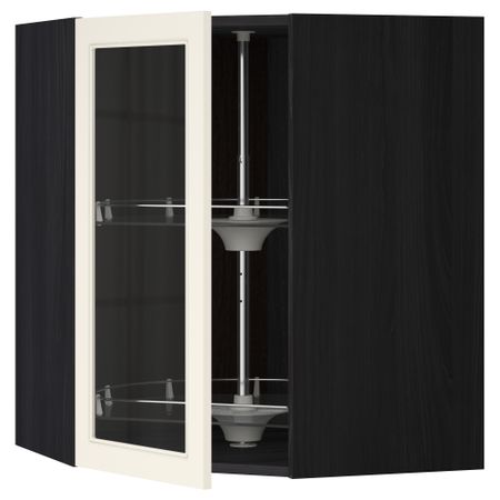 Угловой навесной шкаф с вращающающейся секцией, стеклянными дверцами МЕТОД, черный, Хитарп белый с оттенком