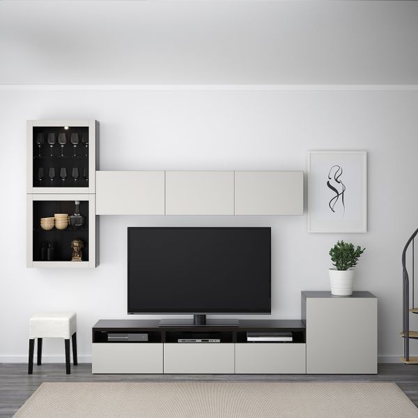 Шкаф для ТВ, комбинированный, стекляные дверцы, черно-коричневый, Лаппвикен светло-серый прозрачное стекло, 300x20/40x211 см - фото 3