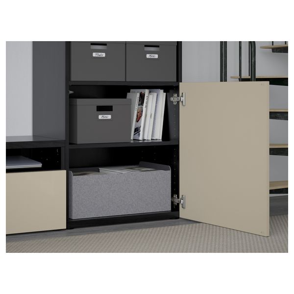 Шкаф для ТВ, комбинированный, стекляные дверцы БЕСТО, черно-коричневый, Сельсвикен глянцевый/бежевый/дымчатое стекло (300x40x192 - фото 3