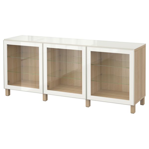 Комбинация для хранения с дверцами БЕСТО, под беленый дуб, Глассвик белый прозрачное стекло (180x40x74 см) - фото 1