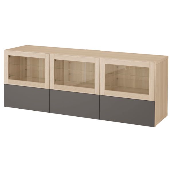 Тумба под ТВ, с дверцами и ящиками БЕСТО, под беленый дуб Грундсвикен, темно-серый прозрачное стекло (180x40x64 см) - фото 1