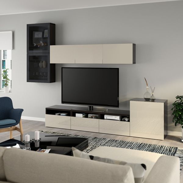 Шкаф для ТВ, комбинированный, стекляные дверцы, черно-коричневый/Сельсвикен глянцевый, бежевый, дымчатое стекло 300x42x211 см - фото 6