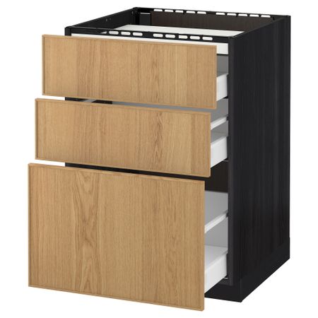 Напольный шкаф, 3 фронтальных панели, 3 ящика МЕТОД / МАКСИМЕРА, черный, Экестад дуб