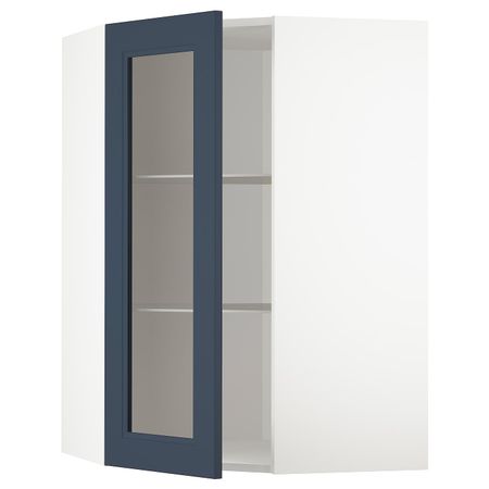 Угловой навесной шкаф с полками, стекляными дв, белый Акстад/матовая поверхность синий 68x100 см IKEA METOD МЕТОД 094.020.07
