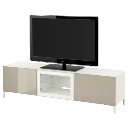Тумба под ТВ с ящиками и дверцей БЕСТО, белый, Сельсвикен глянцевый/бежевый прозрачное стекло (180x40x48 см)