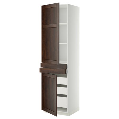 Высокий шкаф + полки, 5 ящиков, 2 дверцы, 2 фронтальных МЕТОД / МАКСИМЕРА, белый, Эдсерум коричневый