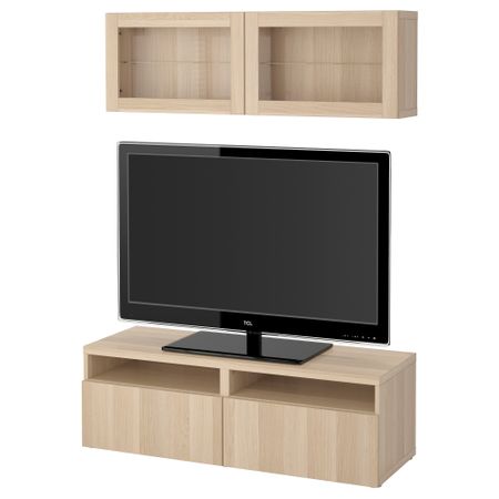 Шкаф для ТВ, комбинированный, стекляные дверцы БЕСТО, Лаппвикен, Синдвик под беленый дуб, прозрачное стелко (120x20/40x166 см)