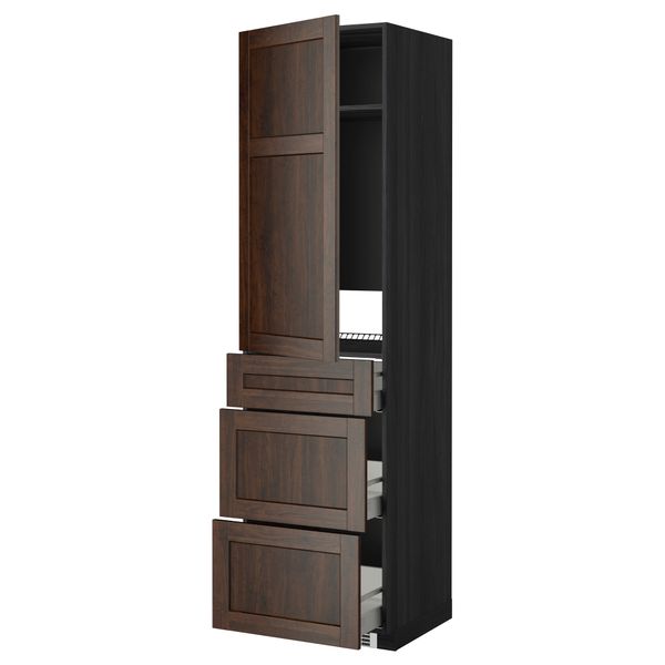 Высокий шкаф для холодильника, с дверцами, 3 ящика МЕТОД / МАКСИМЕРА, черный, Эдсерум коричневый (60x60x220 см) - фото 1