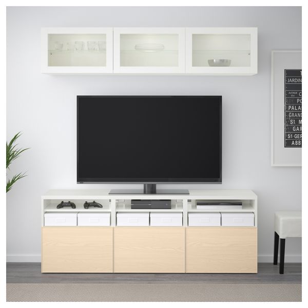 Шкаф для ТВ, комбинированный, стекляные дверцы БЕСТО, белый Инвикен, ясеневый шпон прозрачное стекло (180x40x192 см) - фото 2