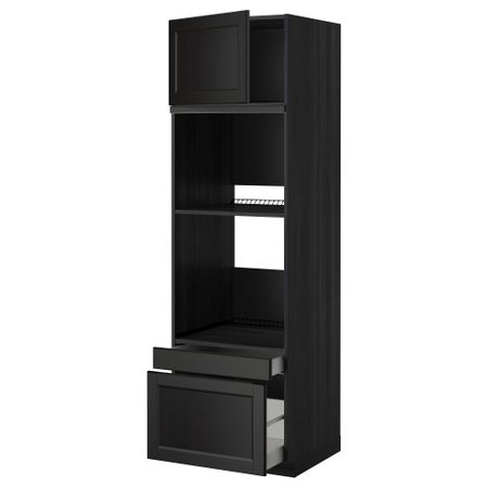 Высокий шкаф для духовки комбинированный, духовка + дверца, 2 ящика МЕТОД / МАКСИМЕРА, черный, Лаксарби черно-коричневый