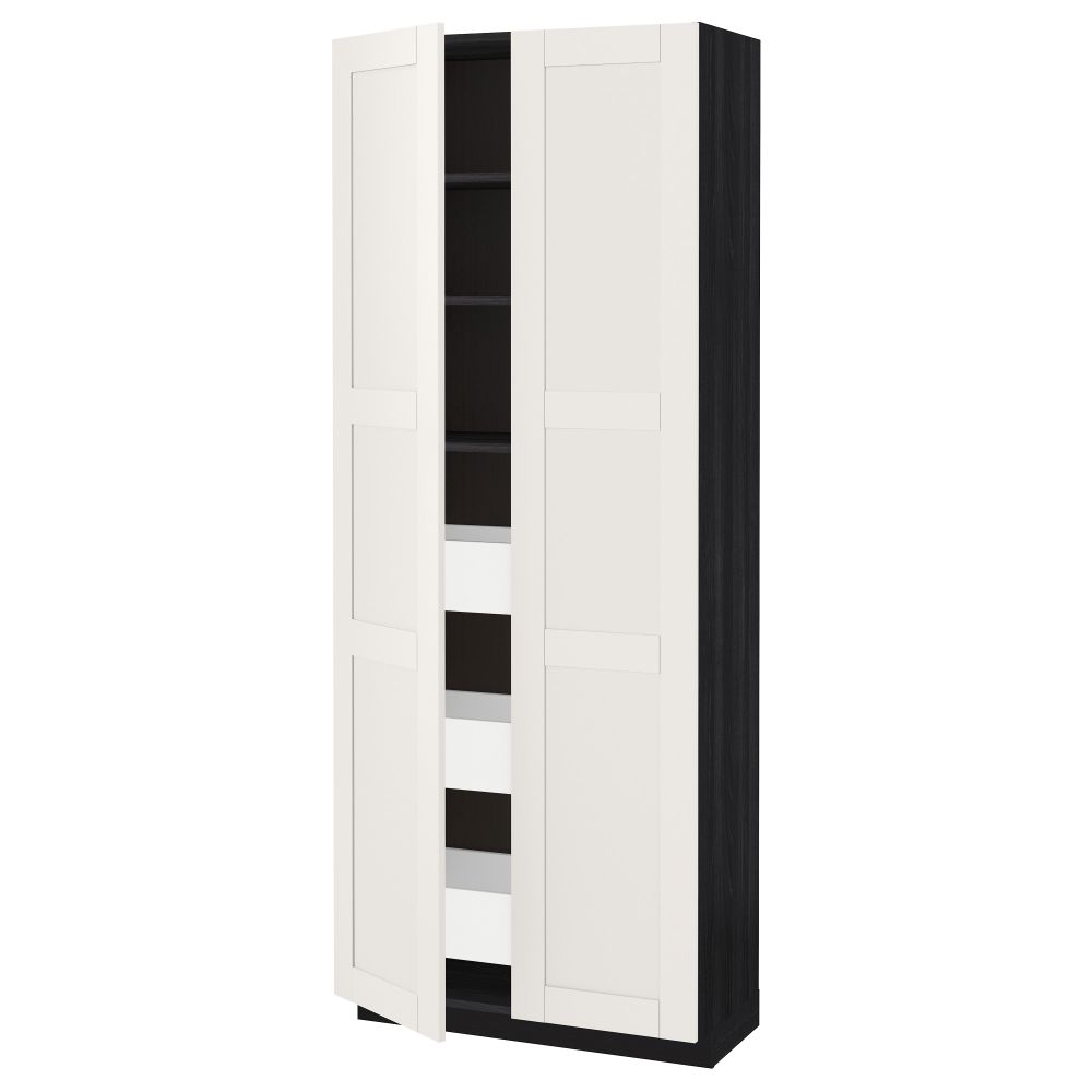 Высокий шкаф с ящиками, 2 дверцы МЕТОД / МАКСИМЕРА, черный, Сэведаль белый (80x37x200 см) - схема-чертеж с размерами