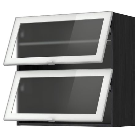 Навесной горизонтальный шкаф, 2 зеркальная дверцами МЕТОД, черный, Ютис матовое стекло