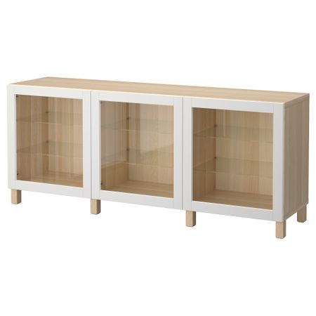 Комбинация для хранения с дверцами БЕСТО, под беленый дуб, Синдвик светло-серый прозрачное стекло (180x40x74 см)