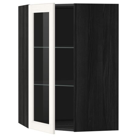 Угловой навесной шкаф с полками, стекляными дверцами МЕТОД, черный, Лаксарби белый