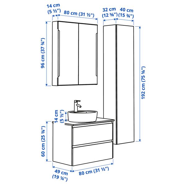 Комплект мебели для ванной, 6 предмета, 82 cm IKEA GODMORGON ГОДМОРГОН, TOLKEN ТОЛКЕН, TÖRNVIKEN ТОРНВИКЕН 293.045.05 - схема-чертеж с размерами