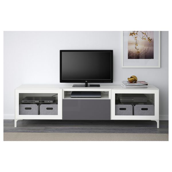 Тумба под ТВ БЕСТО, белый, Сельсвикен глянцевый/серый прозрачное стекло (180x40x48 см) - фото 2