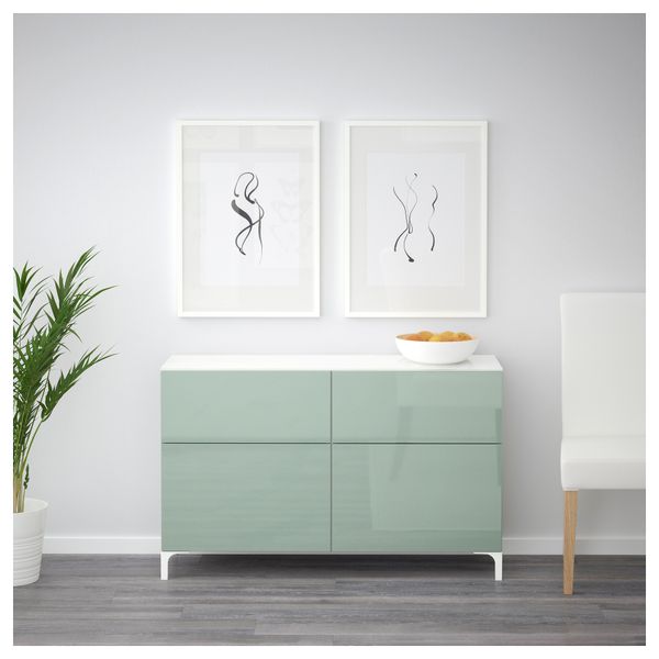 Комбинация для хранения с ящиками БЕСТО, белый, Сельсвикен глянцевый/серо-зеленый светлый (120x40x74 см) - схема-чертеж с размерами