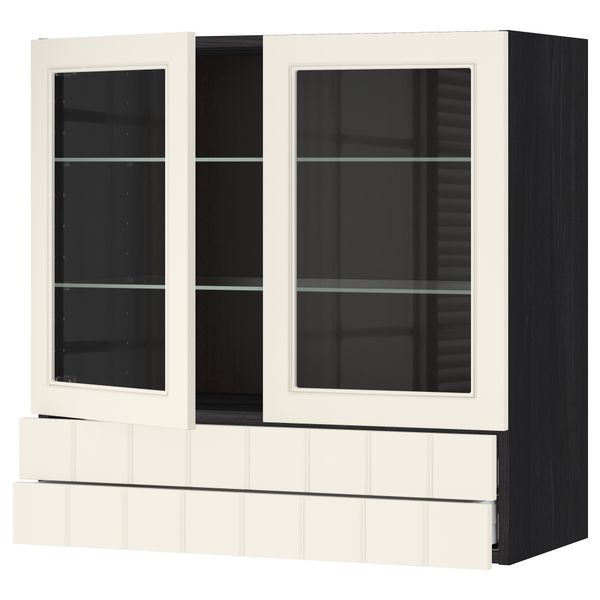 Навесной шкаф, 2 стеклянные дверцы, 2 ящика МЕТОД / МАКСИМЕРА, черный, Хитарп белый с оттенком - схема-чертеж с размерами