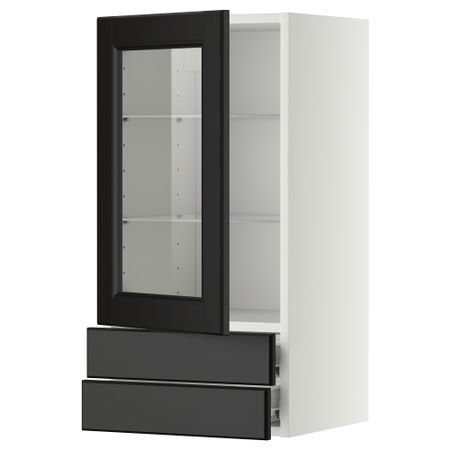 Навесной шкаф, стеклянная дверца, 2 ящика МЕТОД / ФОРВАРА, белый, Лаксарби черно-коричневый