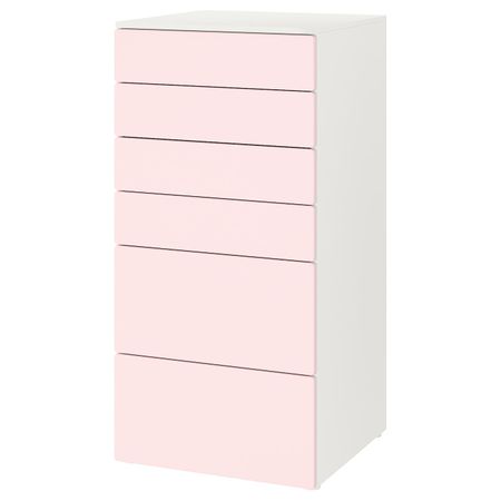 Комод с 6 ящиками, белый/бледно-розовый 60x57x123 см IKEA SMÅSTAD СМОСТАД / OPPHUS ОПХУС 493.955.85