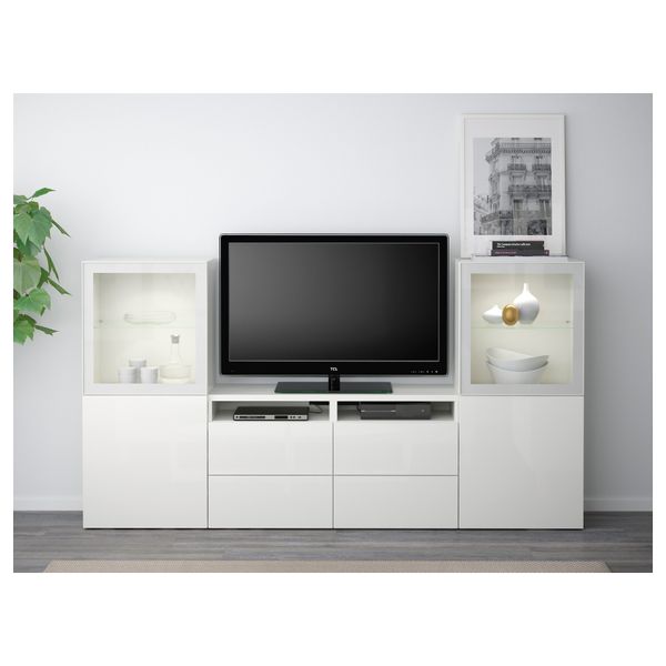 Шкаф для ТВ, комбинированный, стекляные дверцы БЕСТО, белый, Сельсвикен глянцевый/белый прозрачное стекло (240x40x128 см) - фото 2