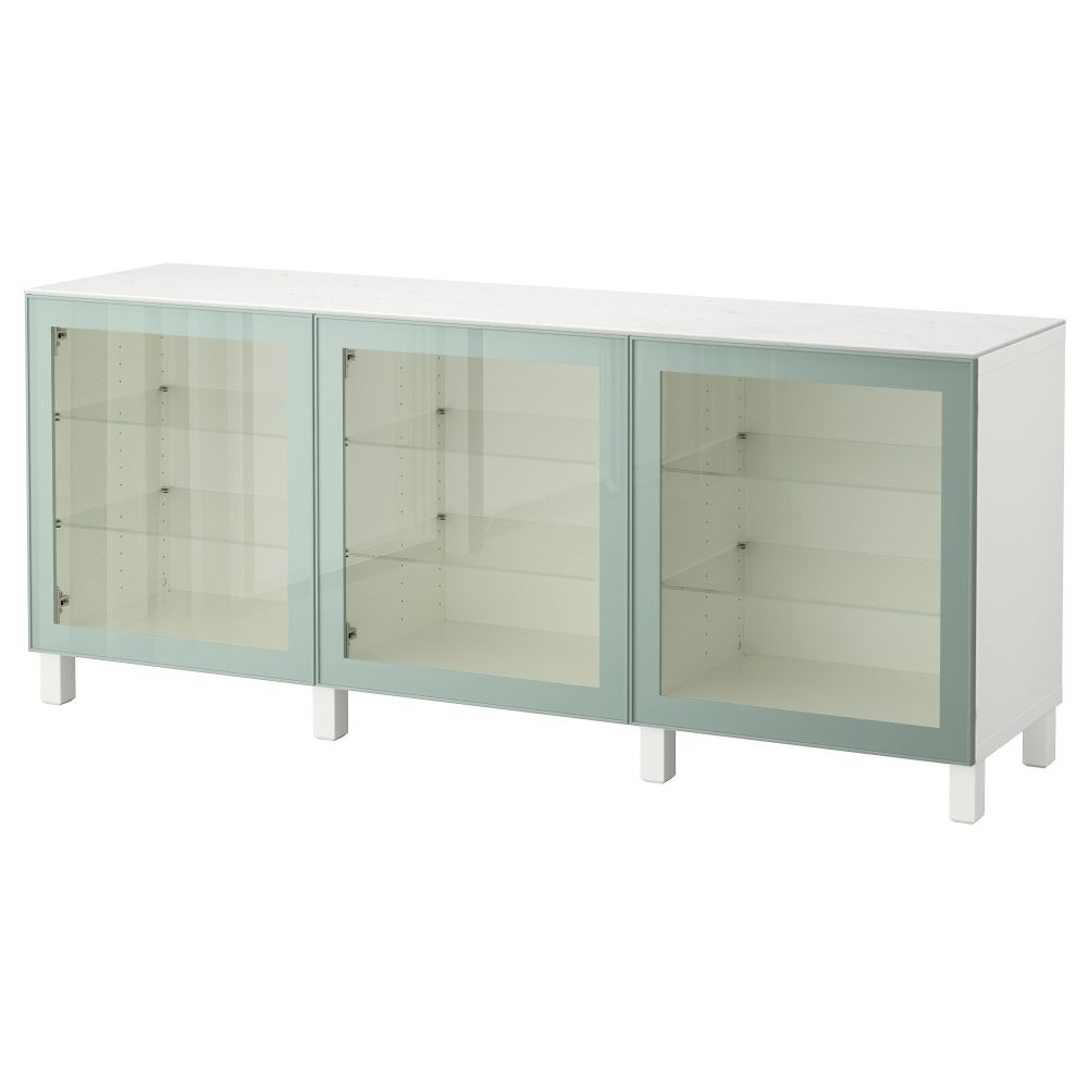 Комбинация для хранения с дверцами БЕСТО, белый Глассвик, глянцевый/серо-зеленый светлый прозрачное стекло (180x42x74 см) - фото 1