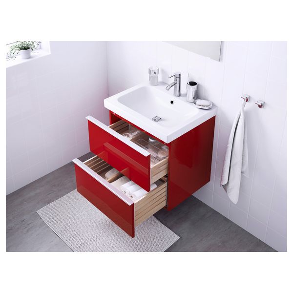 Шкаф для раковины с 2 ящиками ГОДМОРГОН / ОДЕНСВИК, глянцевый красный (60x49x64 см) - фото 3