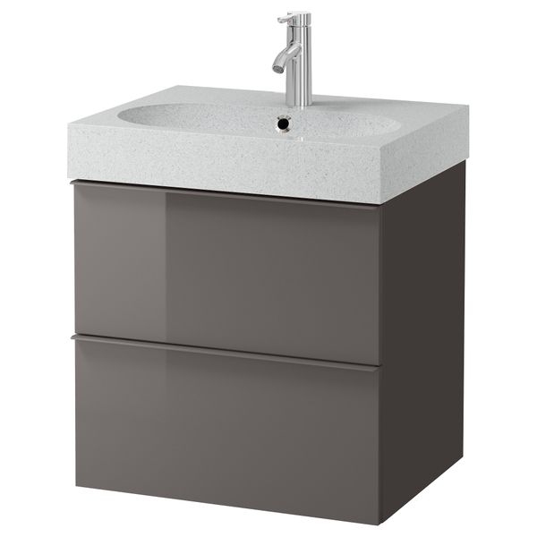 Шкаф для раковины с 2 ящиками ГОДМОРГОН / БРОВИКЕН, глянцевый серый, светло-серый (60x49x68 см) - фото 2