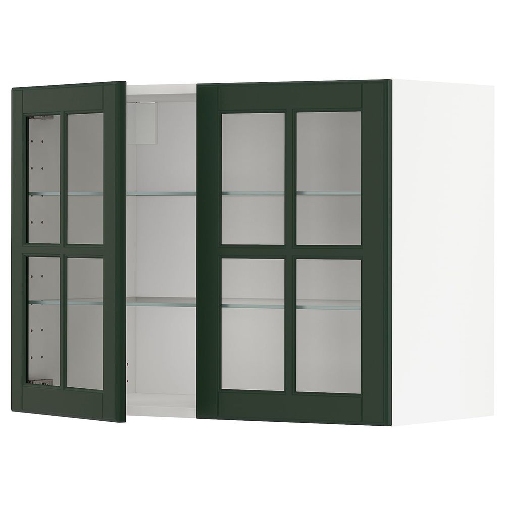 Навесной шкаф/полки/2стеклян двери, белый/Будбин темно-зеленый 80x60 см IKEA METOD МЕТОД 294.452.61 - фото 1