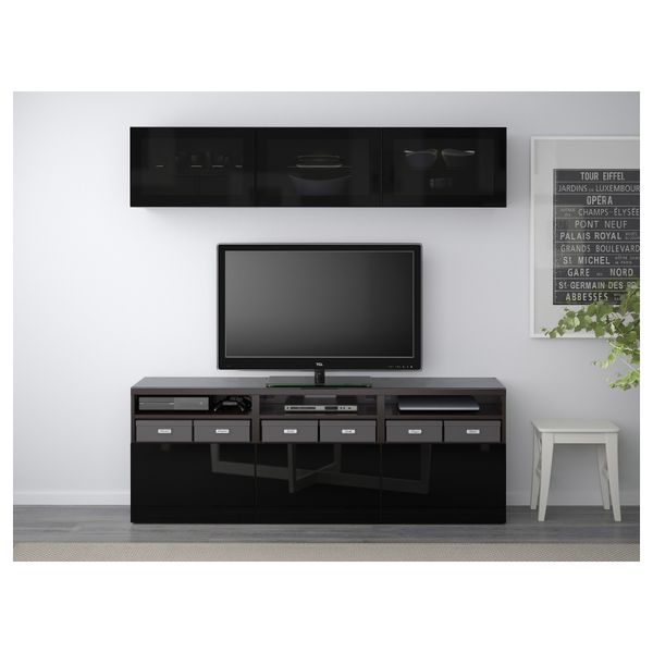 Шкаф для ТВ, комбинированный, стекляные дверцы БЕСТО, черно-коричневый, Сельсвикен глянцевый/черный дымчатое стекло (180x40x192 - фото 2