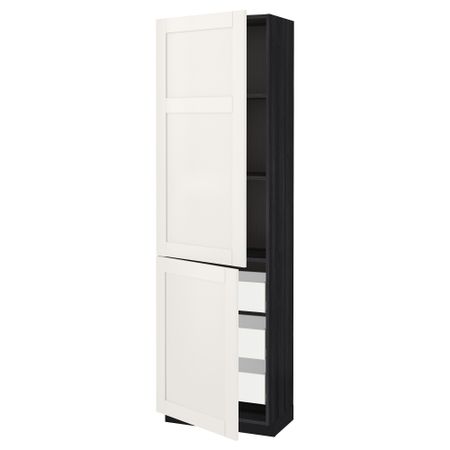 Высокий шкаф + полки, 3 ящика, 2 дверцы МЕТОД / МАКСИМЕРА, черный, Сэведаль белый