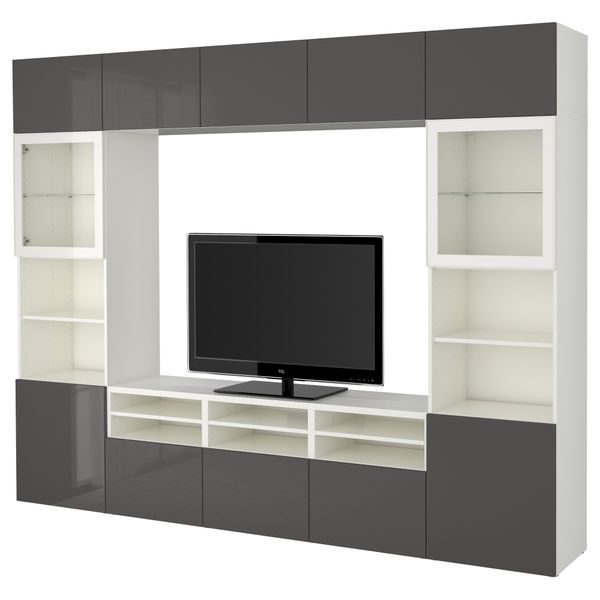 Шкаф для ТВ, комбинированный, стекляные дверцы БЕСТО, белый, Сельсвикен глянцевый/серый прозрачное стекло (300x40x230 см) - фото 1
