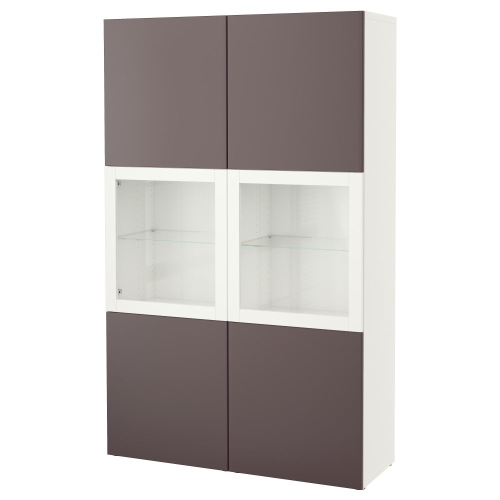 Комбинация для хранения со стеклянными дверцами БЕСТО, белый, Вальвикен темно-коричневый, прозрачное стекло (120x40x192 см) - фото 1