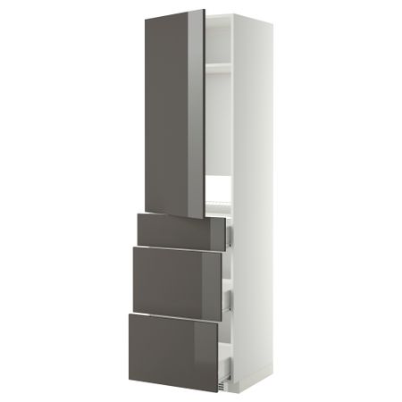 Высокий шкаф для холодильника, с дверцами, 3 ящика МЕТОД / ФОРВАРА, белый, Рингульт серый (60x60x220 см)