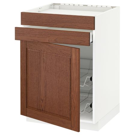 Напольный шкаф для варочной панели, ящик, 2 проволочных корзины МЕТОД / МАКСИМЕРА, белый, Филипстад коричневый (60x60 см)