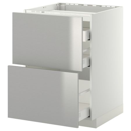 Напольный шкаф, 2 фронтальных панели, 3 ящика МЕТОД / МАКСИМЕРА, белый, Гревста нержавеющ сталь