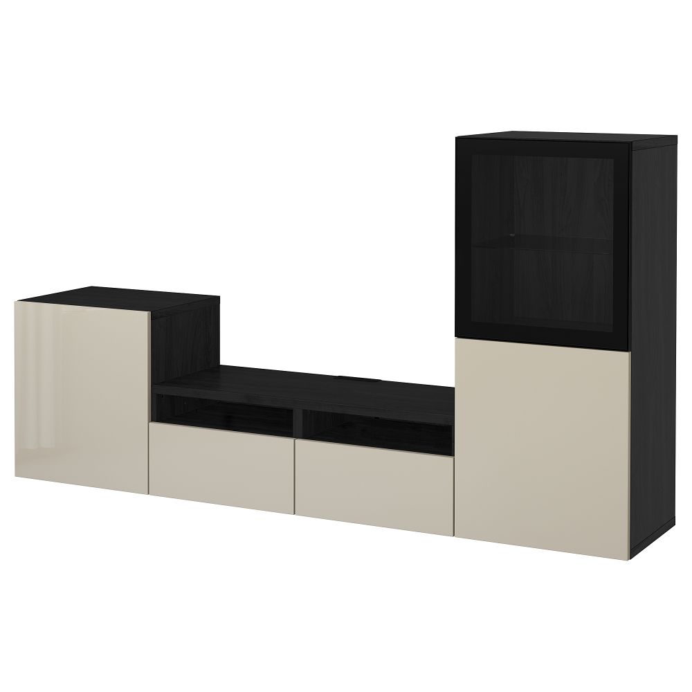 Шкаф для ТВ, комбинированный, стекляные дверцы, 240x40x128 см, черно-коричневый, Selsviken глянцевый, бежевый прозрачное стекло - фото 1