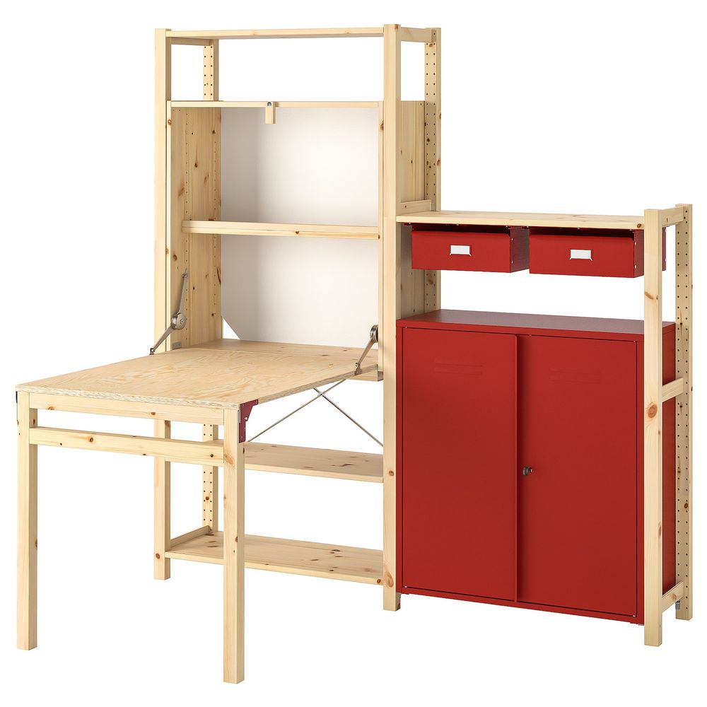 Стеллаж со столом/шкафами/ящиками, сосна/красный 175x30-104x179 см IKEA IVAR ИВАР 793.035.13 - фото 1