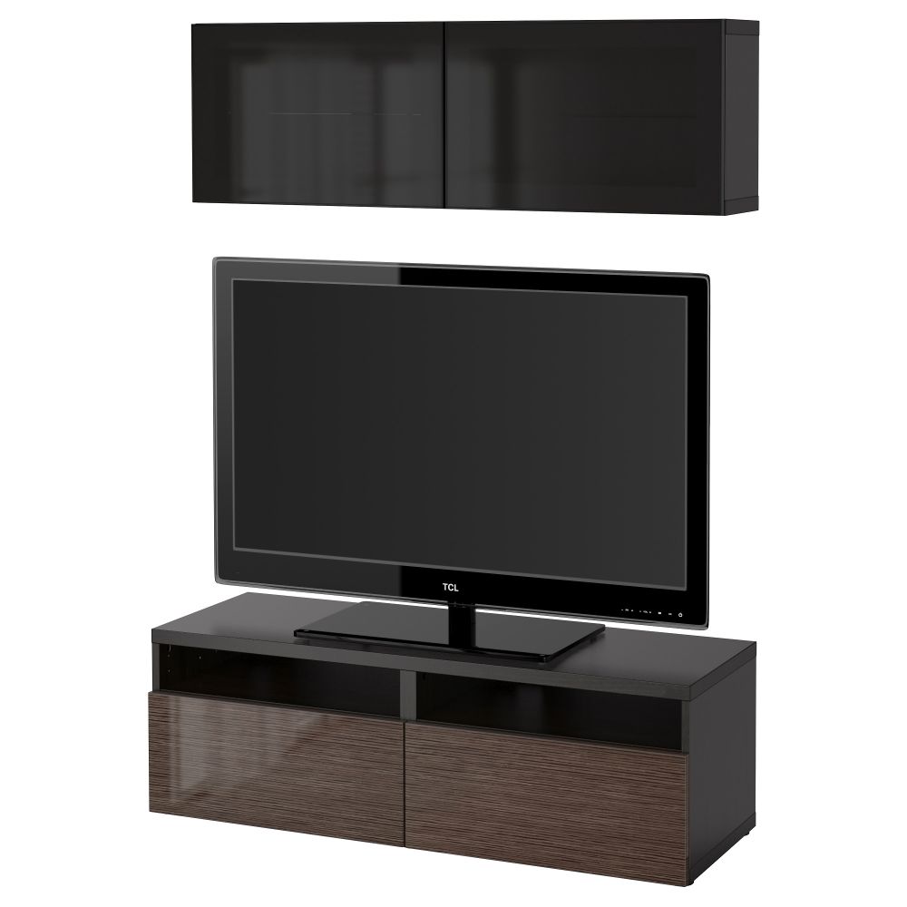 Шкаф для ТВ, комбинированный, стекляные дверцы БЕСТО, черно-коричневый, Сельсвикен глянцевый/коричневый дымчат стекло - фото 1