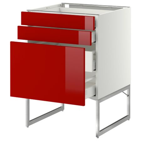 Напольный шкаф 3 фронтальных панели, 2 нижних, 2 средних ящика МЕТОД / МАКСИМЕРА, белый, Рингульт красный