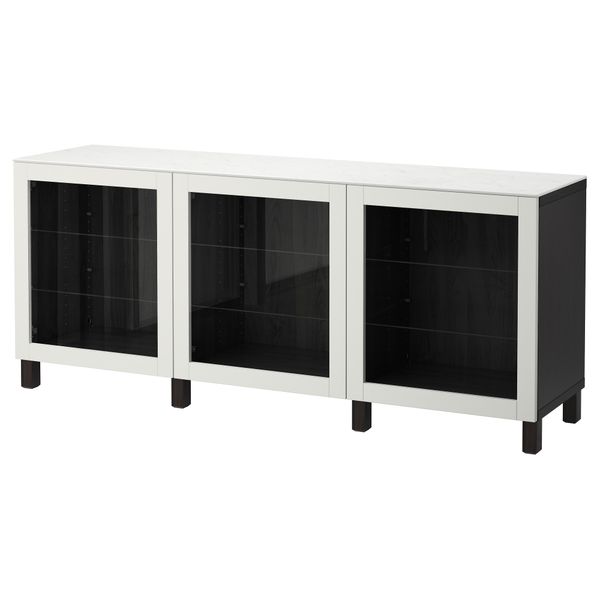 Комбинация для хранения с дверцами БЕСТО, черно-коричневый, Синдвик светло-серый прозрачное стекло (180x42x74 см) - фото 1