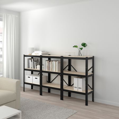 3 секции/полки, черный, дерево 194x40x110 см IKEA БРУР 292.726.94