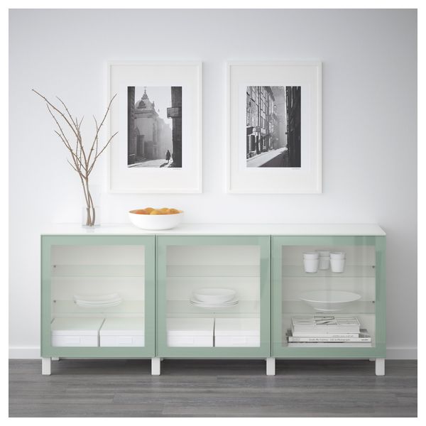 Комбинация для хранения с дверцами БЕСТО, белый Глассвик, глянцевый/серо-зеленый светлый прозрачное стекло (180x40x74 см) - схема-чертеж с размерами