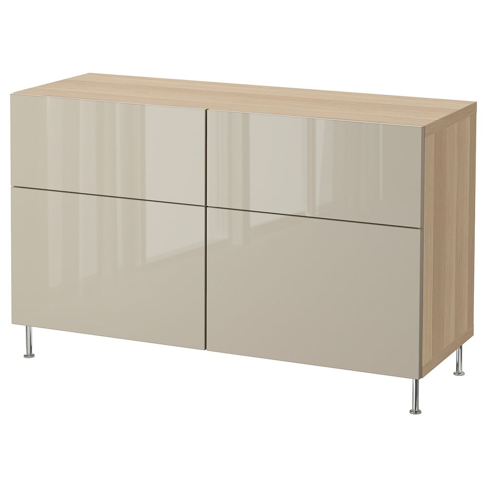 Комбинация для хранения с дверцами/ящ, под беленый дуб/СЕЛЬСВ/СТАЛЛАРП глянцевый, бежевый 120x40x74 см IKEA BESTÅ БЕСТО - фото 1