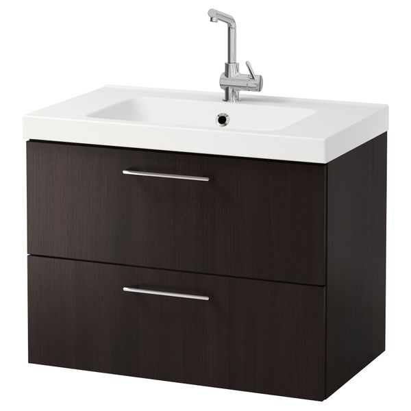 Шкаф для раковины с 2 ящиками ГОДМОРГОН / ОДЕНСВИК, черно-коричневый (80x49x64 см) - фото 2