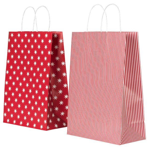Подарочный пакет, орнамент «звезды»/орнамент «полоска» красный, белый 26x35 см IKEA VINTER 2020 ВИНТЕР 2020 404.742.28 - фото 1