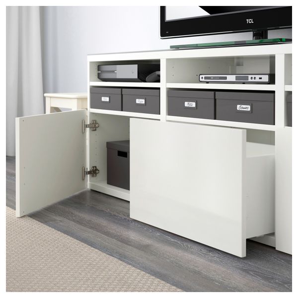 Шкаф для ТВ, комбинированный, стекляные дверцы БЕСТО, белый, Сельсвикен глянцевый/белый матовое стекло (180x40x192 см) - фото 3